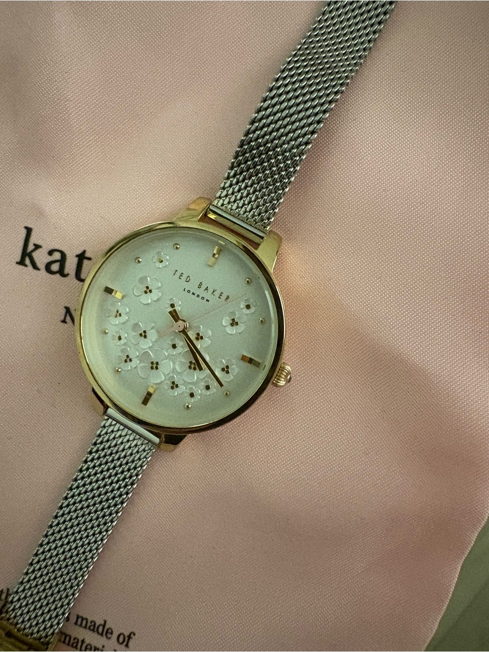 Ted Baker Silver Mesh Watch with Gold-Tone Case and Floral Dial